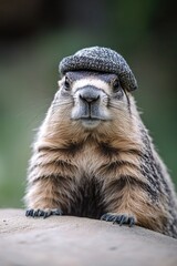 Aufkleber - Close-up of a groundhog wearing a hat, suitable for illustrations or educational materials about wildlife