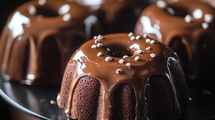 Wall Mural - A delicious-looking chocolate bundt cake sits atop a sleek black plate, perfect for dessert or special occasion