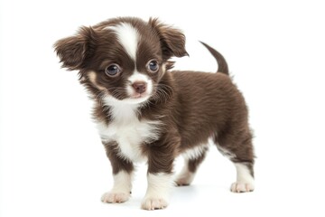 Poster - A small brown and white puppy stands on a white surface, ready for attention