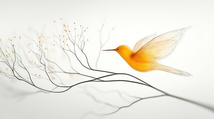 Wall Mural - a bird perched on a tree's branch beside yellow flowers and a thin twig