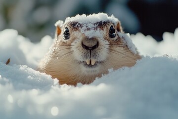 Poster - A ground squirrel peeks out of a snowy burrow, looking around cautiously