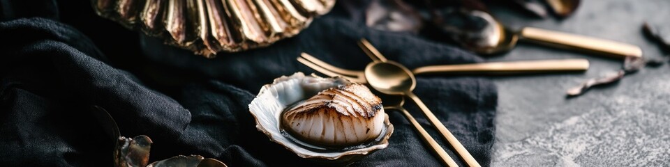 Poster - A close-up view of a clam shell on a table, with its delicate features and patterns visible