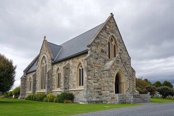 Poster - A historic stone church with a tall steeple stands amidst cloudy skies, perfect for use in scenes depicting serenity and spirituality