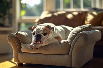 Wall Mural - A dog is lying on a couch in a living room