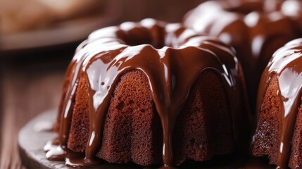 Poster - A rich chocolate bundt cake served with a generous helping of chocolate icing, perfect for any sweet treat lover