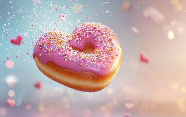 Wall Mural - Flying heart-shaped doughnut with pink icing and colorful sprinkles with a burst of sugar sparkles on a romantic background for Saint Valentines Day and 8 March International Womens Day