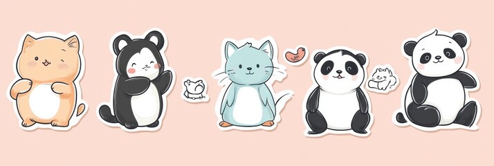 Poster - Cute animal stickers featuring a cat, bear, panda, and more in playful designs on a soft background. Generative AI