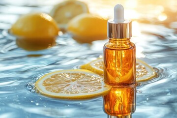 Poster - A bottle of essential oil on a table surrounded by lemons