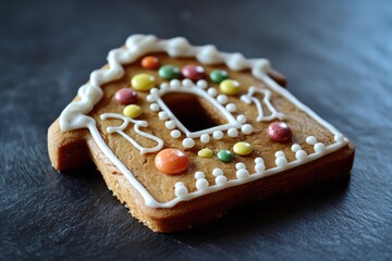 Poster - A close-up shot of a cookie in the shape of a small house