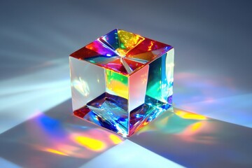 Poster - A vibrant crystal cube sits atop a plain white background, perfect for use in designs where minimalism and elegance are key