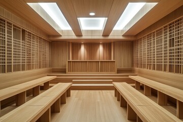 Poster - A cozy room with wooden benches and natural light from the skylight
