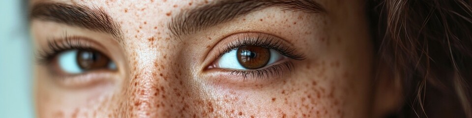 Poster - Close-up shot of a woman's eyes with distinctive freckles, suitable for use in editorial or commercial contexts