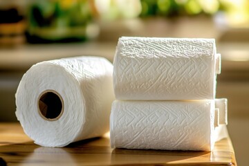 Poster - Two rolls of toilet paper sitting on a table, often used in still life photography or as a prop for interior scenes