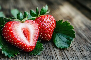 Aufkleber - Fresh strawberries sit on a wooden table, perfect for decoration or photography
