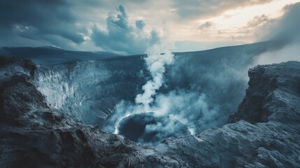  Volcanic Crater's Breathtaking Majesty: A Dramatic Landscape of Smoke and Stone