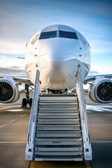 Poster - A large commercial airliner parked on the airport tarmac, ready for takeoff or landing
