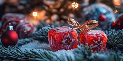 Aufkleber - A pair of red candles placed on top of freshly fallen snow, perfect for winter scenes or holiday decorations