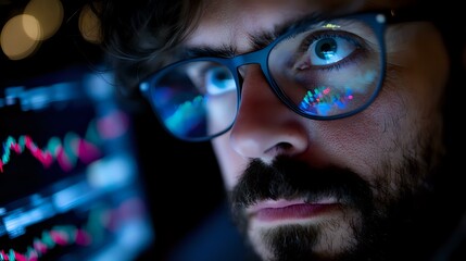 Poster - Bearded caucasian male trader in glasses looking at financial market charts with blue light reflection. Dark moody atmosphere shows market analysis and trading.