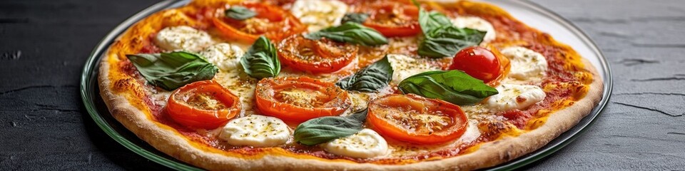 Poster - A delicious looking tomato pizza topped with melted mozzarella cheese and fresh basil leaves
