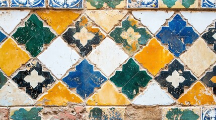 Wall Mural -   A detailed shot of a mosaic wall with blue, yellow, green, and white tiles featuring intricate patterns