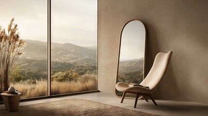 Wall Mural -   A chair sits in front of a large window, offering a mountainous view in the background and a reflective surface on the wall