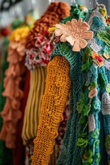 Poster - A collection of colorful knit scarves displayed on a rack for sale or display