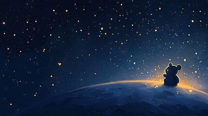    A portrait of an individual perched atop a sphere amidst the celestial bodies during twilight