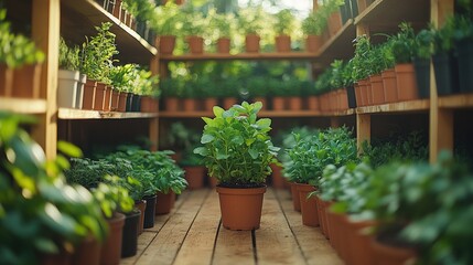 Wall Mural - Lush Green Plants in a Garden Center, Showcasing Vibrant Herb Varieties with Natural Light