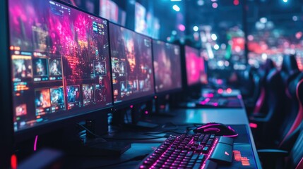 Poster - A row of computer monitors on a desk, suitable for office or workspace photography
