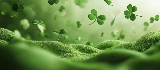 Wall Mural - Ultra-modern mockup background with space for text for Saint Patricks Day, designed with a fresh mossy green gradient, Celtic patterns, and floating shamrock petals