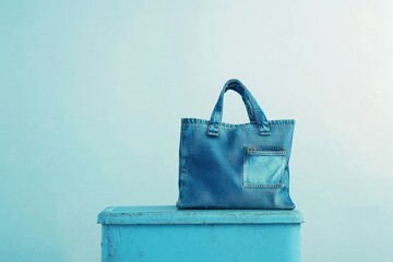 A denim tote bag with a front pocket rests on a light blue metal surface against a pale blue background.