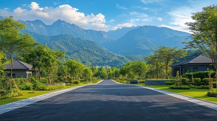 Poster - A tranquil road meanders through vibrant trees and well-kept gardens, inviting visitors to explore the breathtaking mountainous landscape that looms ahead