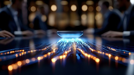 Poster - Futuristic hologram projection with glowing blue light rays and golden bokeh effects on dark background during business meeting presentation.