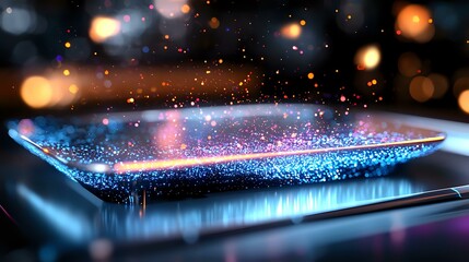 Poster - Glowing smartphone screen emitting magical blue light particles and bokeh effects against dark background, modern technology concept with sparkles.