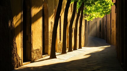 Wall Mural -   A line of trees adjacent to a building's facade and a cobbled walkway on either side