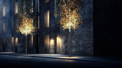 Wall Mural -   A tree line in front of a brick structure at night with illumination on the trees and building facade