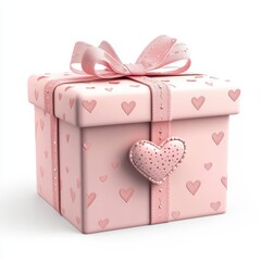 Wall Mural - pink Valentines Day gift box with delicate heart-shaped decorations, isolated on white