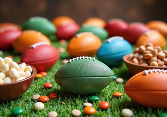 Wall Mural - colorful footballs surround snacks treats lively festive atmosphere filled playfulness joy game