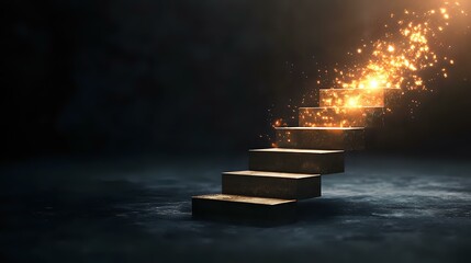 Poster - Glowing steps floating in dark misty space with magical light particles and sparkles creating mystical stairway to success concept against black background.