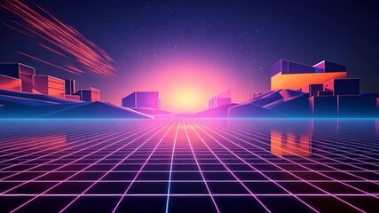 Poster - Retrofuturist neon grid extends toward a vibrant sunrise with a futuristic city silhouette in the distance, creating an immersive landscape reminiscent of classic sci-fi themes