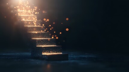 Poster - Glowing magical stairway floating in dark space with golden light particles and sparkles creating mystical atmosphere for fantasy or spiritual concepts.
