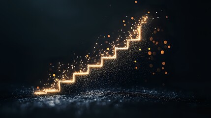 Poster - Glowing golden stairway with magical sparkles and particles rising on dark background, symbolizing success, growth, and achievement in business concept.