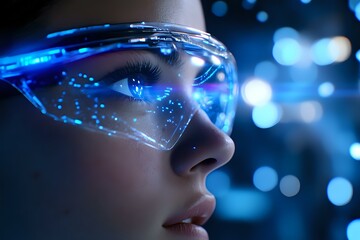 Poster - Close-up profile of woman wearing futuristic transparent glasses with glowing blue digital elements against dark background with bokeh lights. Perfect for tech concepts.