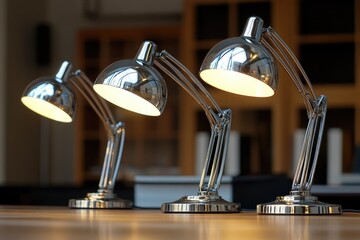Poster - Three desk lamps sit on a wooden table, providing warm lighting