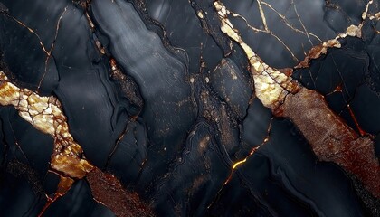Poster - luxury black marble with gold veins, abstract mineral texture, elegant dark stone background, high-end design, modern decor
