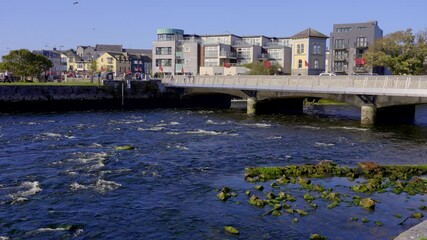 Wall Mural - Corrib River in Galway Ireland - A peaceful river view reflecting sunlight, featuring a picturesque bridge and vibrant lush greenery