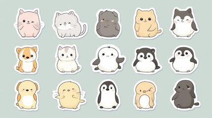 Poster - Cute collection of adorable animal stickers featuring cats, penguins, and other whimsical characters for creative projects. Generative AI