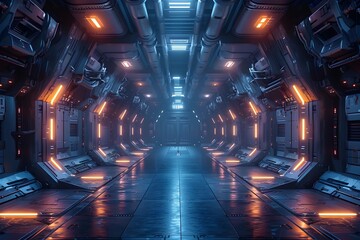 Futuristic Neon Lit Sci Fi Hangar Corridor with Dramatic Lighting and Glowing Technology