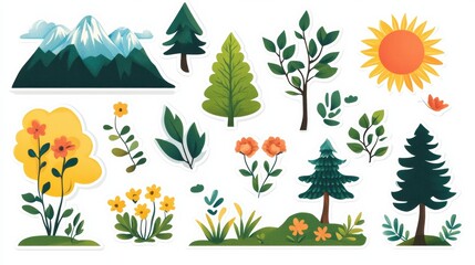 Poster - Colorful nature themed stickers featuring mountains, trees, flowers, and sunshine ideal for crafting and decorating. Generative AI