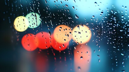 Poster - Blurred city lights through wet window glass with raindrops at night creating dreamy bokeh effect. Atmospheric urban scene with red and yellow circles.